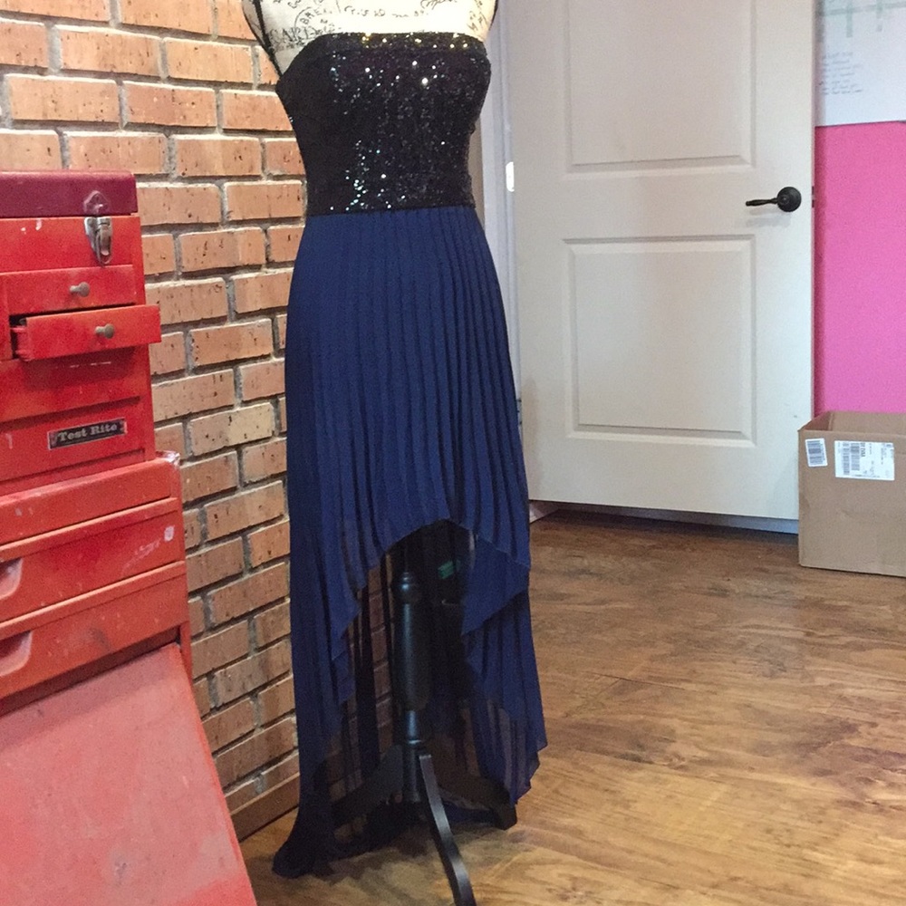 Strapless sequin pleated hi lo prom bridesmaid